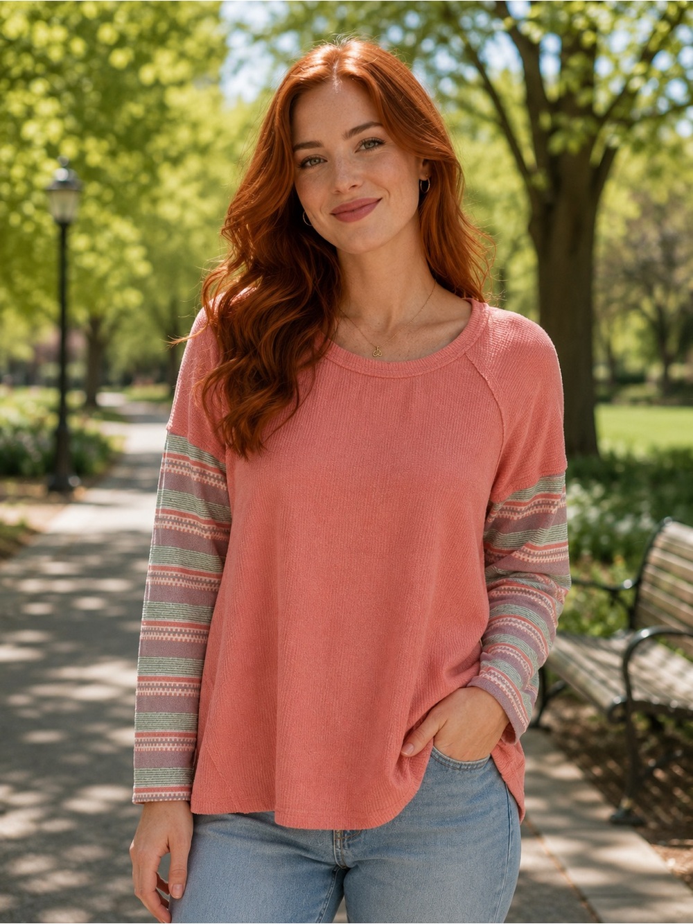 Women's Pink Long-Sleeve Knit Pullover with Striped Sleeves